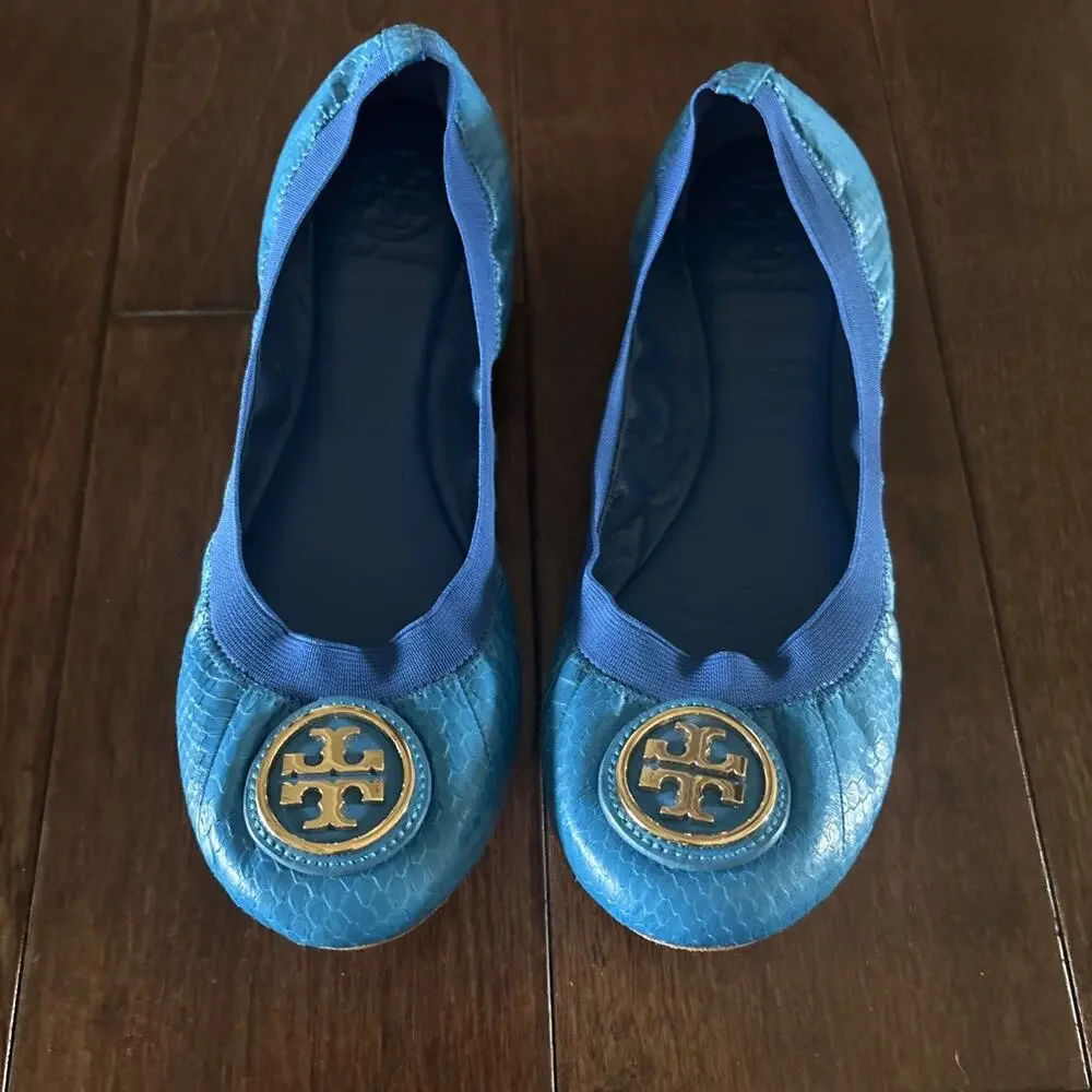 Tory Burch Caroline Snakeskin Print Turquoise Blue Leather Ballet Flats 7.5 M